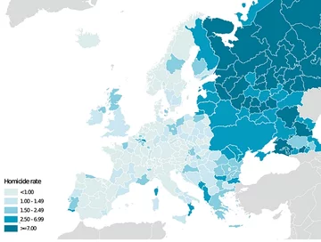Wskaźnik zabójstw w regionach Europy. Rosja chce chronić wschodnią Ukrainę przed przestępczością, podczas gdy sama ma te wskaźniki na poziomie państw afrykańskich.