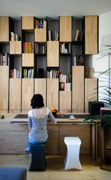 Kawalerka ze skrytkami, projekt Mickaël Martins Afonso & L’atelier miel V2com, 2180-01, kawalerka