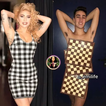 Po prawej Emanuele Ferrari parodiujący kreacje celebrytów 