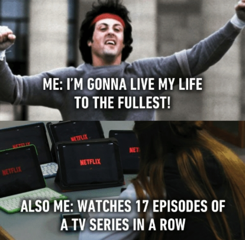 Mem zainspirowany serwisem Netflix „Ja: Będę żył pełnią życia. Także ja: Oglądam 17 odcinków serialu z rzędu”