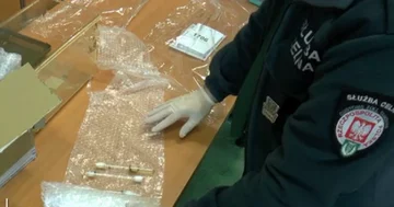 Funkcjonariusz Służby Celnej przeprowadza kontrolę przesyłki 