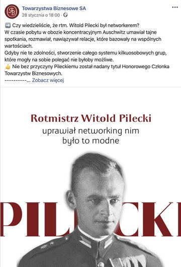 Towarzystwa Biznesowe przedstawiły Witolda Pileckiego jako networkera (zrzut ekranu ze&nbsp;profilu FB)