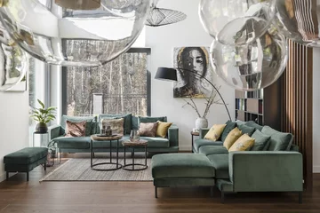 Aranżacja nowoczesnego wnętrza z dużymi przeszkleniami, proj. MIŚKIEWICZ design 