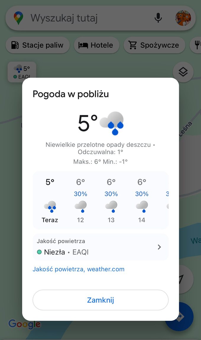 Informacje o pogodzie i stanie jakości powietrza w Mapach Google