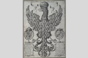 Matthäus Merian, wg ryciny Tomasza Tretera, Orzeł z pocztem królów polskich w medalionach, ok. 1625, miedzioryt, MNW