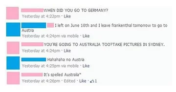 "KIEDY JEDZIESZ DO NIEMIEC?" 1 odpowiedź: "jestem od 10. czerwca i wylatuję z Frankenthal jutro i wybieram się do Austrii", odpowiedź 2: "LECISZ TEŻ DO AUSTRALII? ZRÓB ZDJĘCIA W SYDNEY", odpowiedź 3: "haha, do AUSTRII"