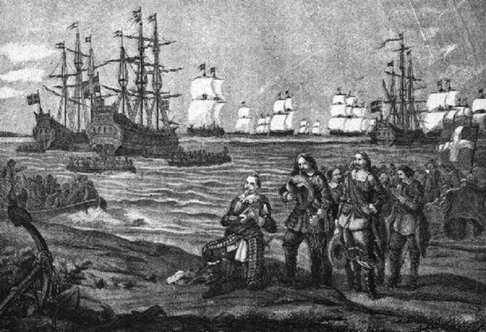 Lądowanie Gustawa II Adolfa na Pomorzu (szwedzka grafika z XIX wieku)