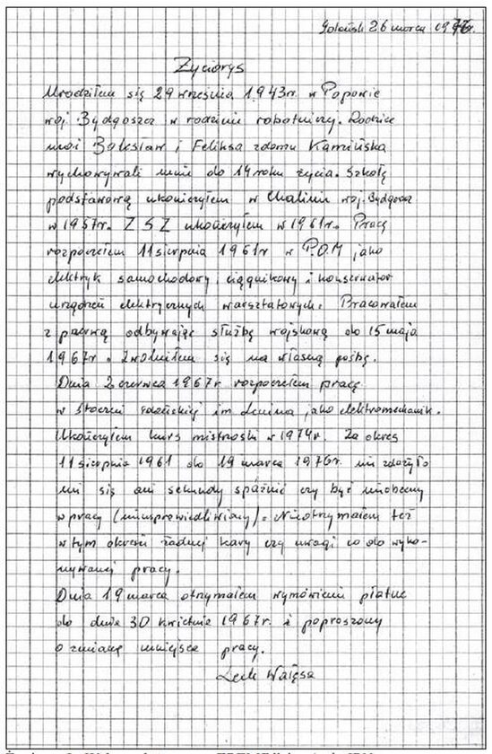 Życiorys własnoręczny Wałęsy z 23 III 1976 r. złożony w "Zrembie" 