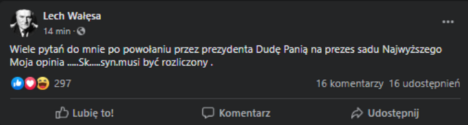 Lech Wałęsa wulgarnie o Andrzeju Dudzie (zrzut ekranu z Facebooka)