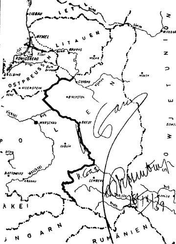 Mapa ostatecznego podziału Polski pomiędzy III&nbsp;Rzeszę a&nbsp;ZSRR z&nbsp;28 września 1939&nbsp;r. z&nbsp;wytyczoną granicą. Podpisy za&nbsp;zgodność: Stalin, Ribbentrop