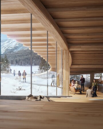 Drewniany pawilon nad jeziorem w&nbsp;St. Moritz zaprojektowany jako naturalne przedłużenie alpejskiego krajobrazu