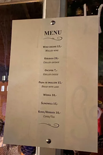 Cennik na warszawskim jarmarku bożonarodzeniowym 
