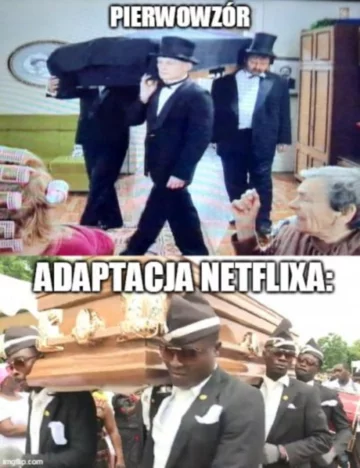 Mem z tańczącymi z trumną grabarzami 