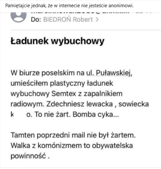 Wiadomość, która trafiła do Roberta Biedronia