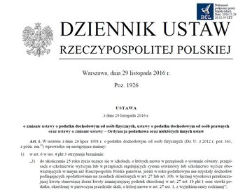 Fragment pierwszej strony ustawy opublikowanej w&nbsp;Dzienniku Ustaw