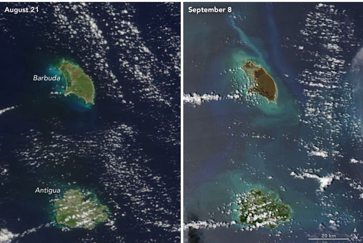 Barbuda, porównanie zdjęć satelitarnych z 25 sierpnia i 8 września 