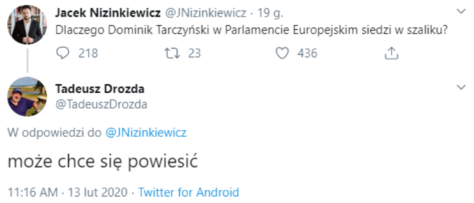 Wpis Jacka Nizinkiewicza i odpowiedź Tadeusza Drozdy