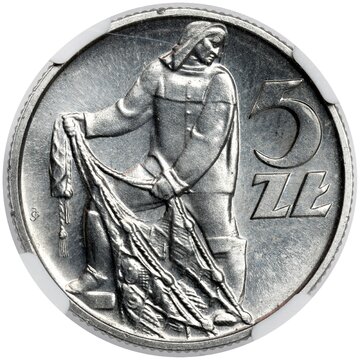 Moneta 5&nbsp;zł, czyli aluminiowy Rybak 1958