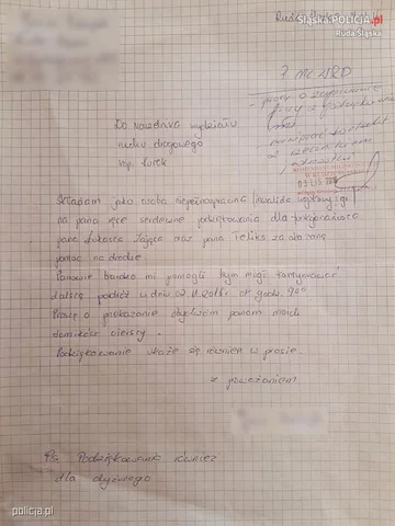 List z podziękowaniami dla policjantów 