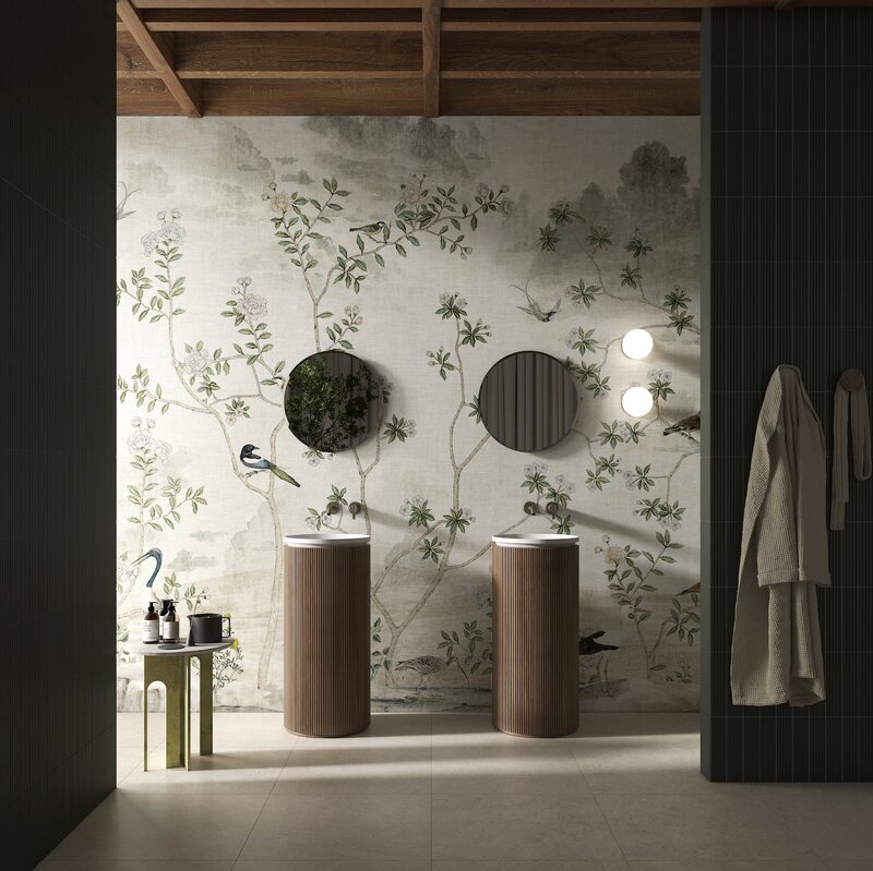 Tapeta do łazienki w stylu japandi wykonana z włókniny, papieru winylowego i włókna szklanego