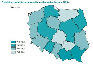 Średnia długość życia mężczyzn w&nbsp;poszczeg&oacute;lnych wojew&oacute;dztwach