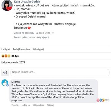 Screen z&nbsp;odpowiedzią Mumink&oacute;w