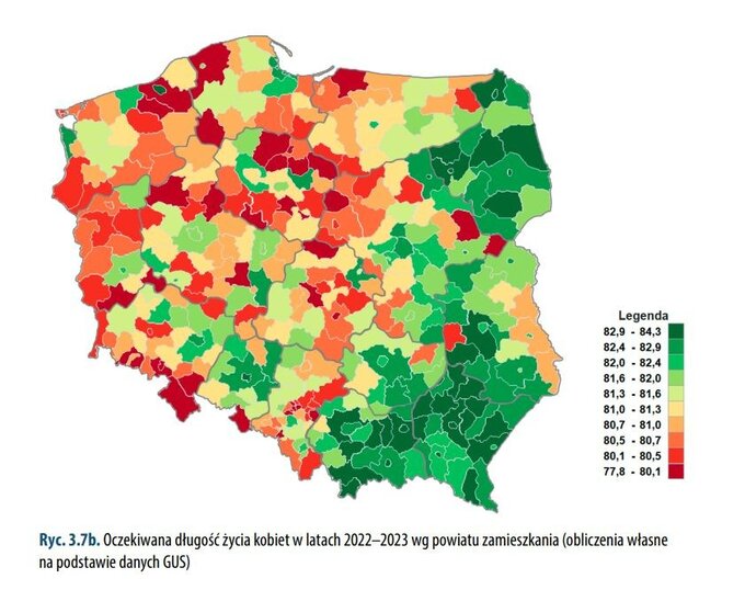 Oczekiwana długość życia kobiet w latach 2022–2023 wg powiatu