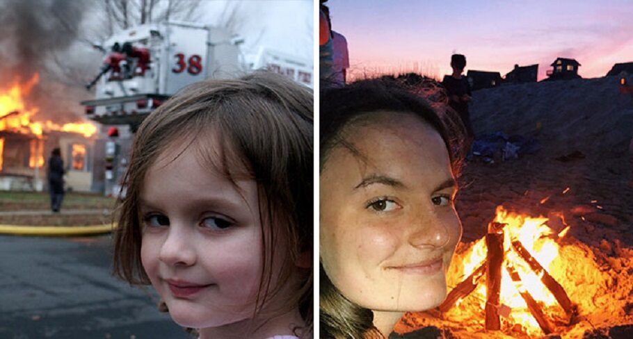 Dziewczynka pierwotnego zła (Disaster Girl) Dla większości osób pożar jest prawdziwym nieszczęściem. Ta dziewczynka ma jednak w tej sprawie zupełnie inne zdanie. W 2004 roku Dave Roth zrobił zdjęcie swojej córki Zoe, z którą wybrał się na spacer, aby zobaczyć płonący dom sąsiadów. Mężczyźnie udało się uchwycić niezwykłą minę dziewczynki. Kiedy w 2008 roku wysłał fotografię na konkurs do jednego z magazynów, zdjęcie stało się populane. Obecnie Zoe jest studentką i przyznaje, że popularność zdobyta dzięki memom jest dla niej całkiem przyjemna.