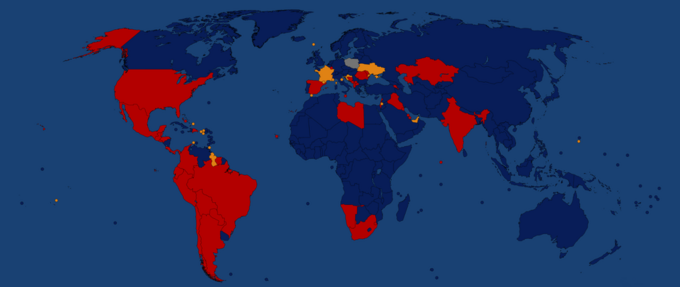 Mapa MSZ: Kolorem czerwonym zaznaczone państwa, do których obowiązuje zakaz lotów. Pomarańczowym – ostrzeżenia