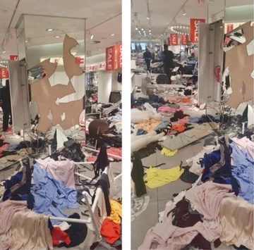 Zniszczone wnętrza salonu H&M 