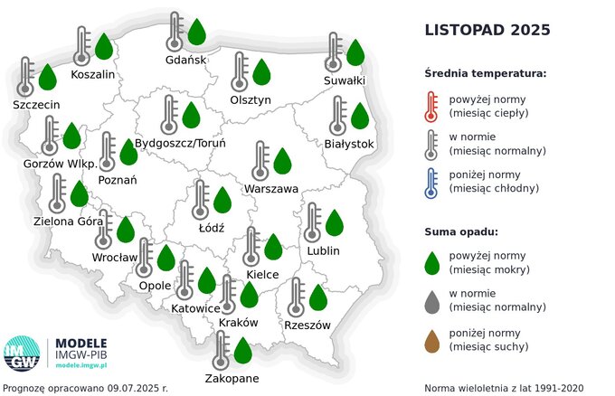Średnia temperatura i opad w listopadzie 2025