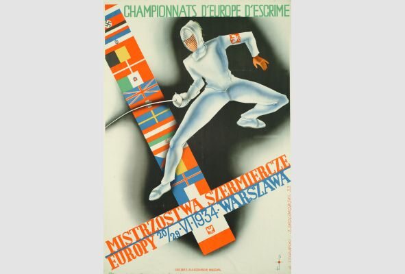 Plakat Stypińskiego i Skolimowskiego z 1934 r. Mistrzostwa Szermiercze Świata szermierka - Muzeum Plakatu w Wilanowie
