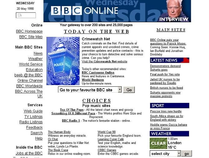 Zrzut ekranu ze strony BBC.co.uk z maja 1998 roku (archive.org)