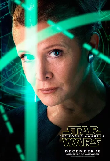 Carrie Fisher	jako Leia Solo. Plakat. Gwiezdne Wojny: Przebudzenie Mocy. Plakat z wizerunkiem postaci.