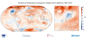 Średni wzrost temperatur w&nbsp;październiku 2019&nbsp;r.