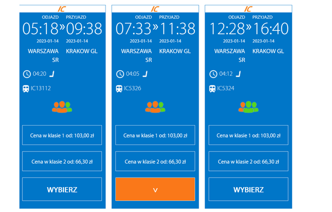 Cena biletu z Warszawy do Krakowa, podróż w dniu 14.01