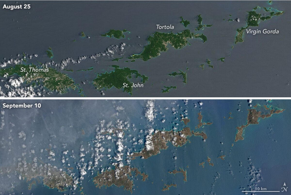 Porównanie zdjęć satelitarnych Wysp Dziewiczych z 25 sierpnia i 10 września 