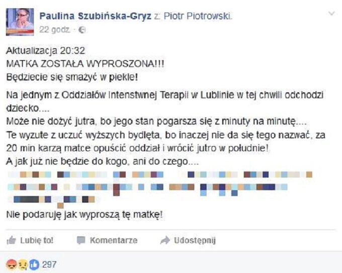 Wpis dotyczący sytuacji w Lublinie. Wulgaryzmy zostały wypikselowane