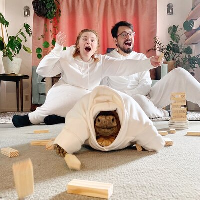 Miniatura: Para pozuje z żółwiem. Mają prawie...