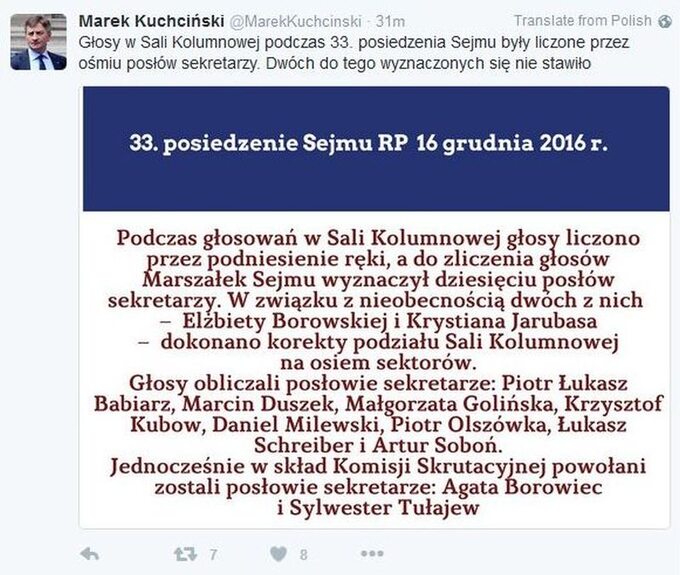 Tweet marszałka Kuchcińskiego, który zniknął z jego konta