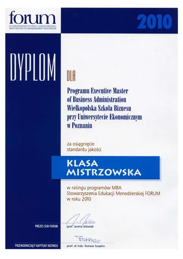 Dyplom Klasy Mistrzowskiej dla Executive MBA Wielkopolskiej Szkoły Biznesu