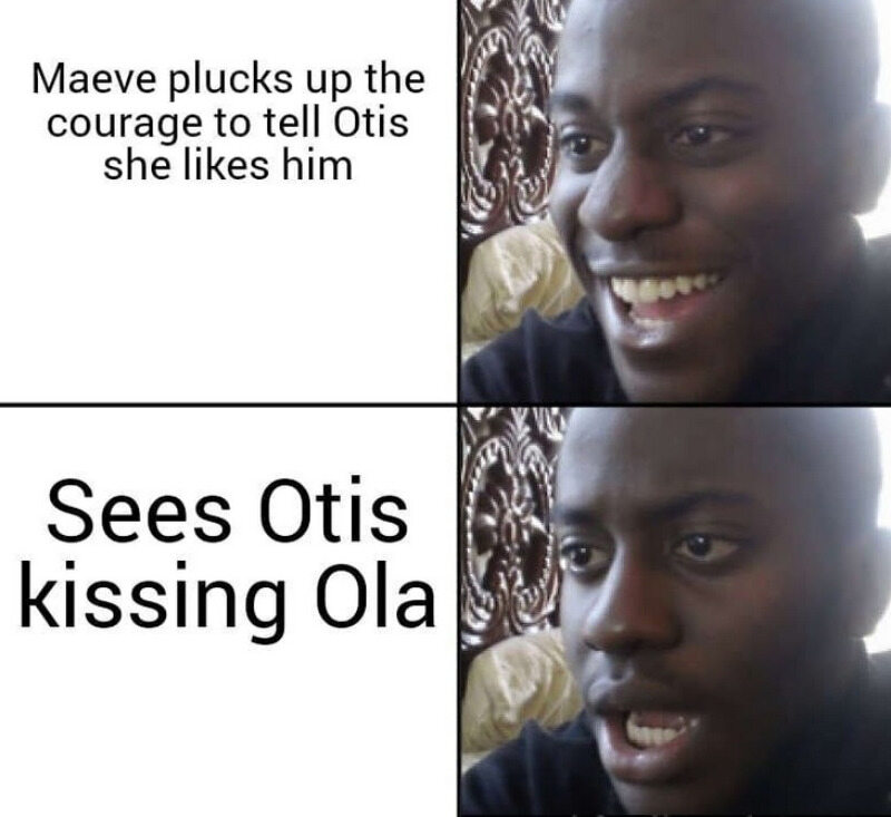 Meave zbiera się na odwagę, aby powiedzieć Otisowi, że go lubi/Otis całuje Olę 