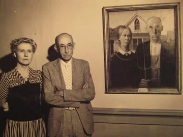 Modele ze słynnego obrazu Granta Wooda, "American Gothic", 1930 r.