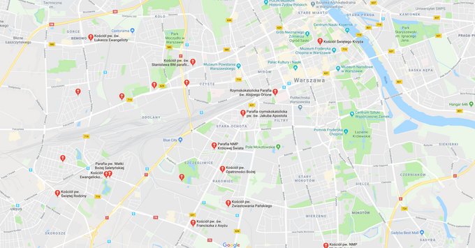 Kościoły w Warszawie, widok w Google Maps
