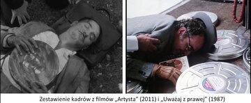 kadry z&nbsp;film&oacute;w "Artysta" (2011) i&nbsp;"Uważaj z&nbsp;prawej" (1987)