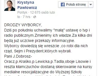 Miniatura: Krystyna Pawłowicz wysyła dziennikarzy TVP...