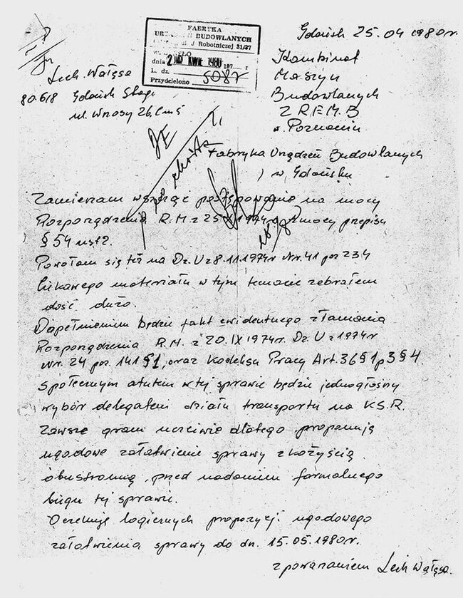Pismo Wałęsy do dyrekcji "Zrembu" z 25 IV 1980 r. 