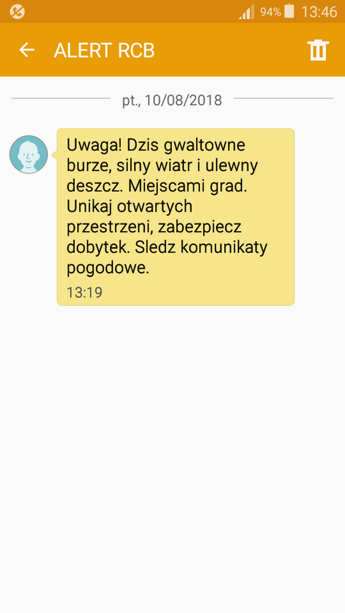 Ostrzeżenie nadesłane przez Rządowe Centrum Bezpieczeństwa