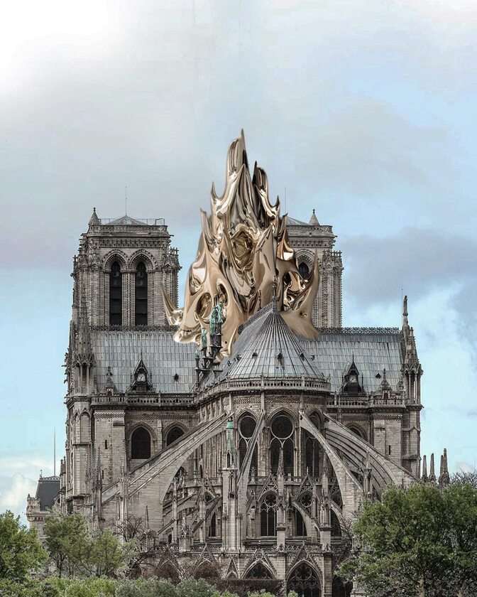 Sztuczny płomień na dachu katedry Notre-Dame 