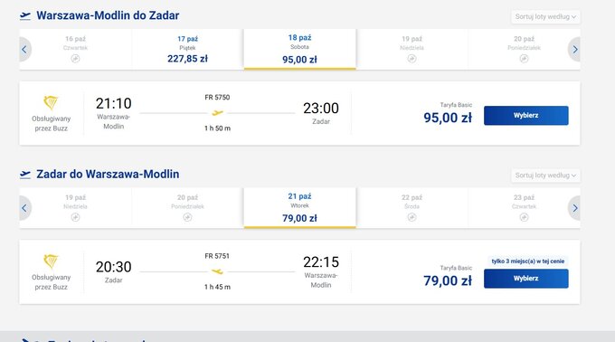 Loty z Warszawy do Zadaru